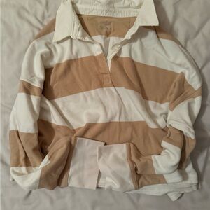 American Eagle Cropped Striped Tan and White Rugby Shirt